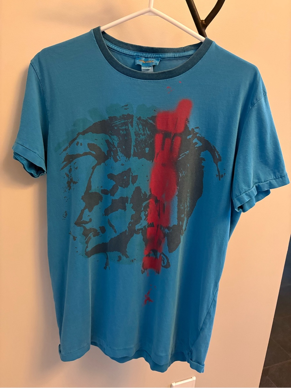 Diesel Bright Turquoise Short Sleeve Tee with Graphic and Red Spray
